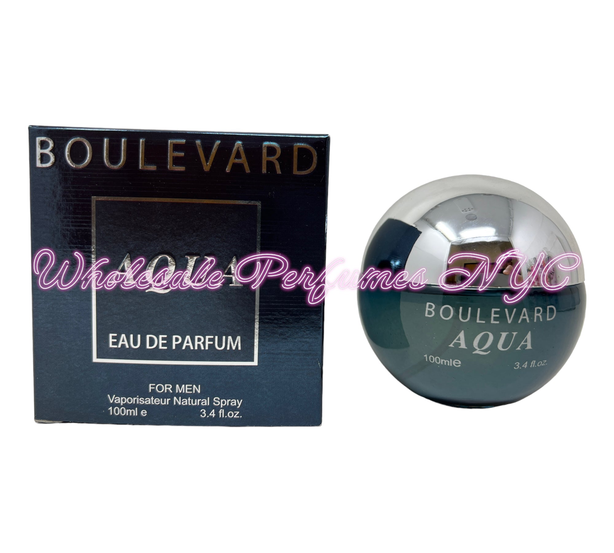 A stylish 3.4oz bottle of Boulevard AQUA for Men Eau de Parfum, featuring a sleek design and vibrant blue accents, perfect for modern men.