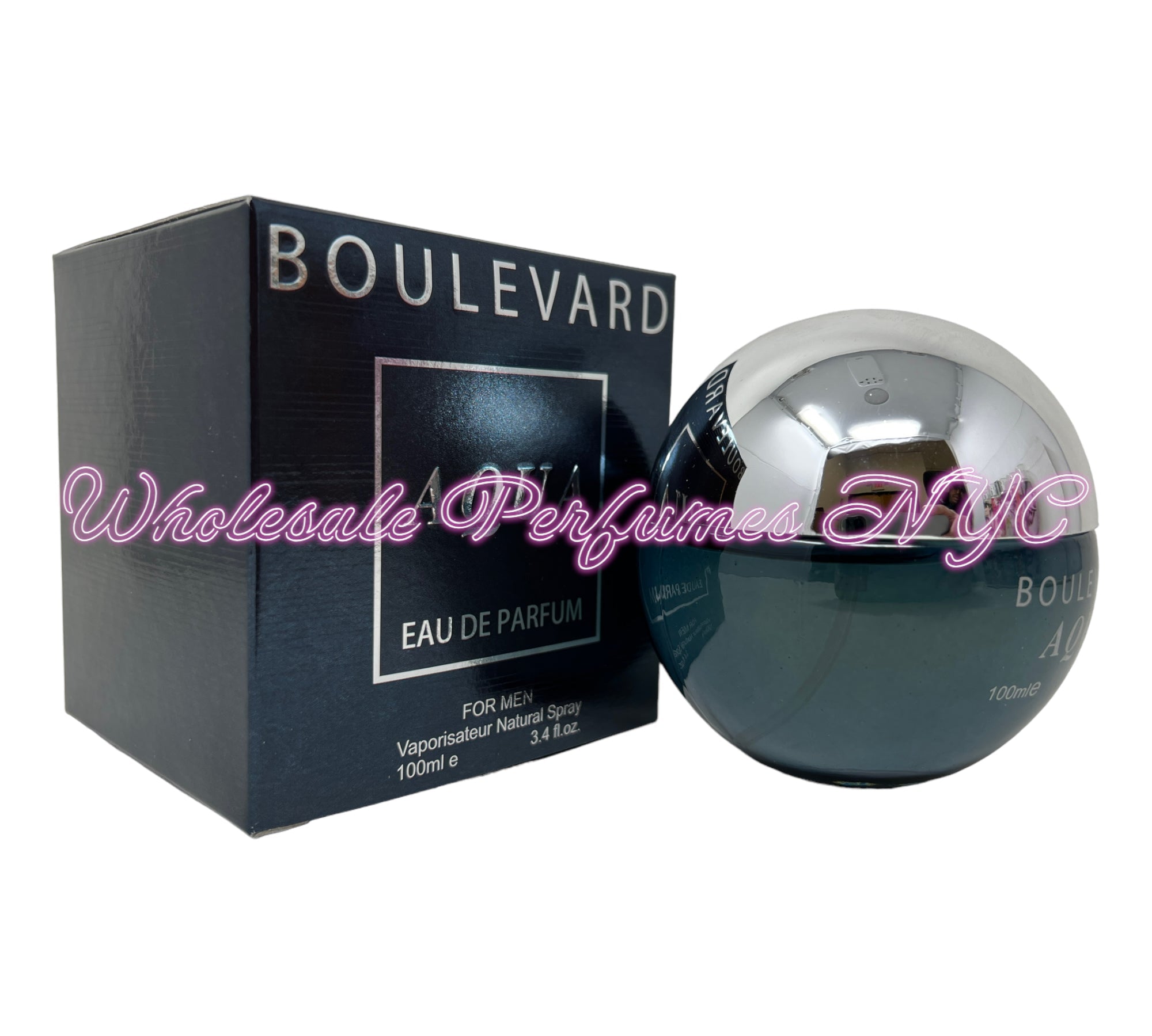 A stylish 3.4oz bottle of Boulevard AQUA for Men Eau de Parfum, featuring a sleek design and vibrant blue accents, perfect for modern men.