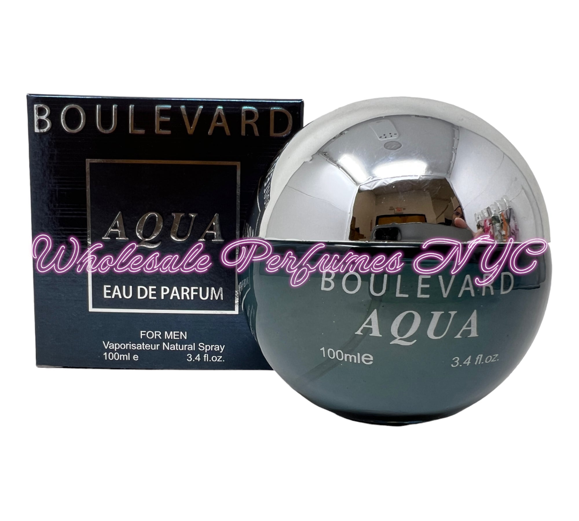 A stylish 3.4oz bottle of Boulevard AQUA for Men Eau de Parfum, featuring a sleek design and vibrant blue accents, perfect for modern men.