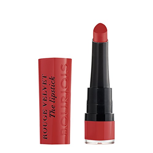 Bourjois Rouge Velvet Lipstick in shade 05 Brique A Brac, showcasing its elegant packaging and rich brick red color.