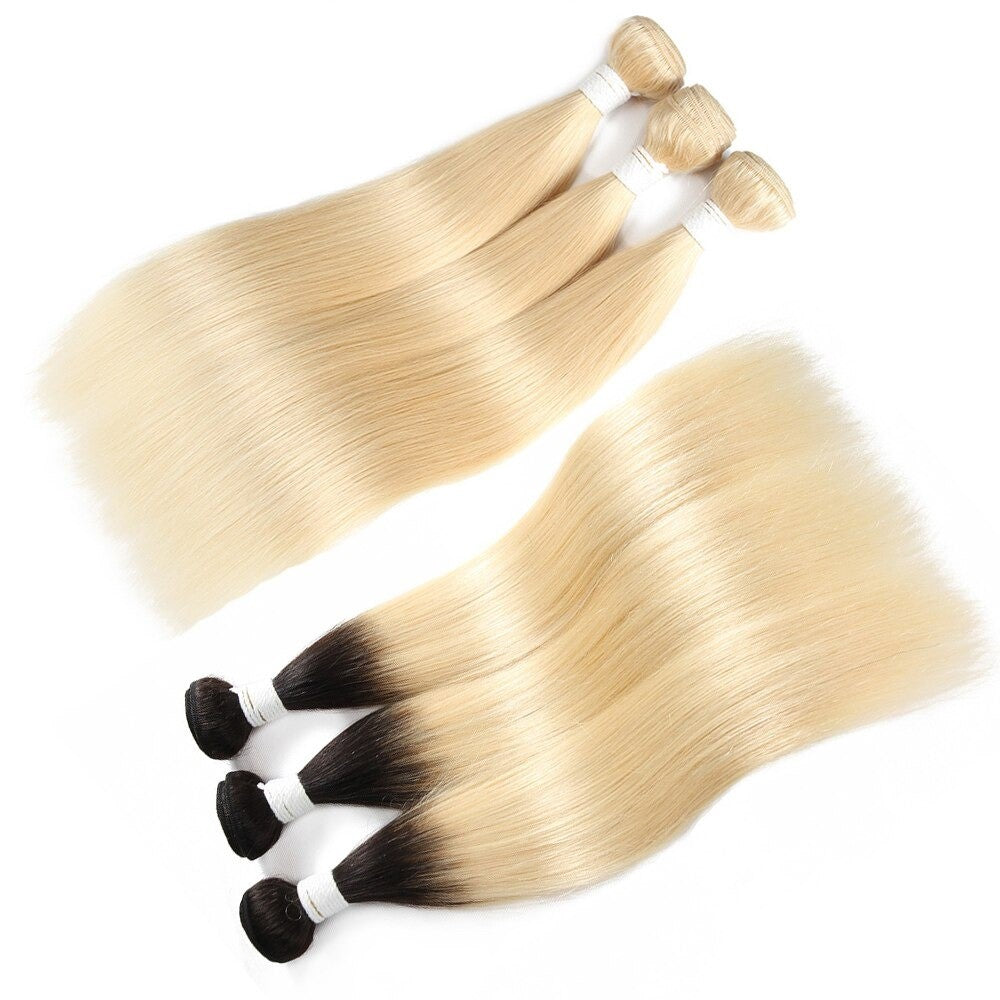 Brazilian Blonde 10A Grade #1B/613 Straight hair bundles with closures and frontals, showcasing luxurious texture and color.