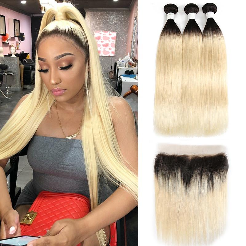 Brazilian Blonde 10A Grade #1B/613 Straight hair bundles with closures and frontals, showcasing luxurious texture and color.