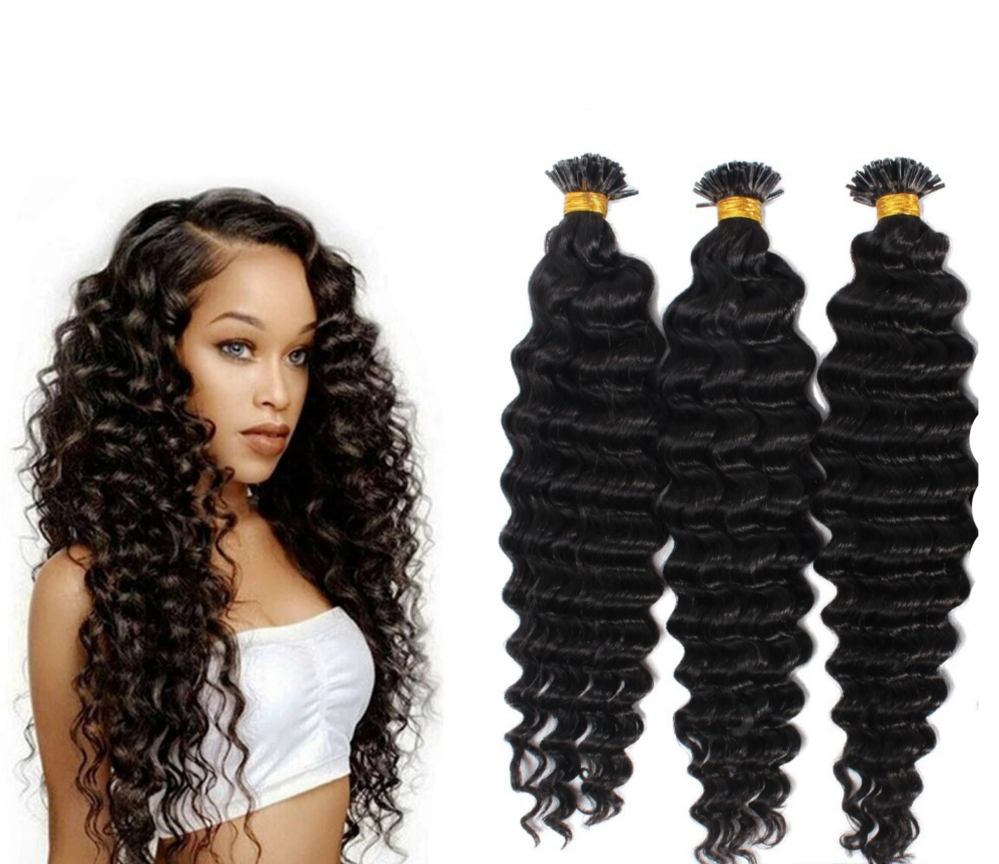 Brazilian Deep Wave Human Hair i Tip Microlinks in natural black color, showcasing deep wave texture and bulk braiding options.