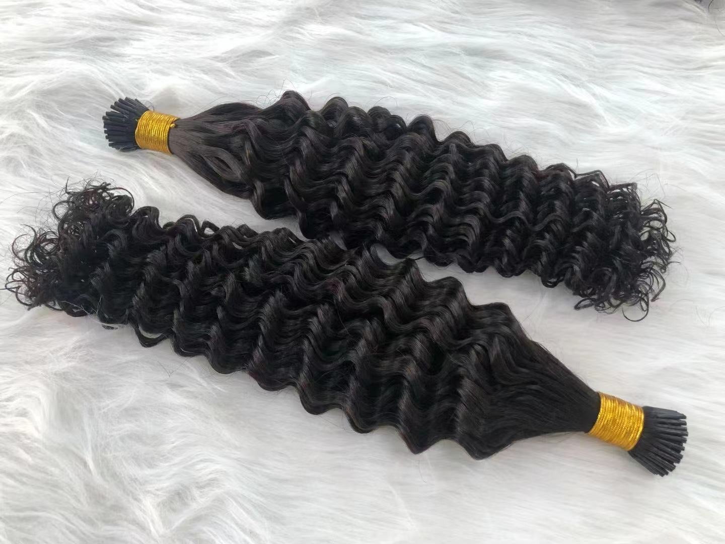 Brazilian Deep Wave Human Hair i Tip Microlinks in natural black color, showcasing deep wave texture and bulk braiding options.