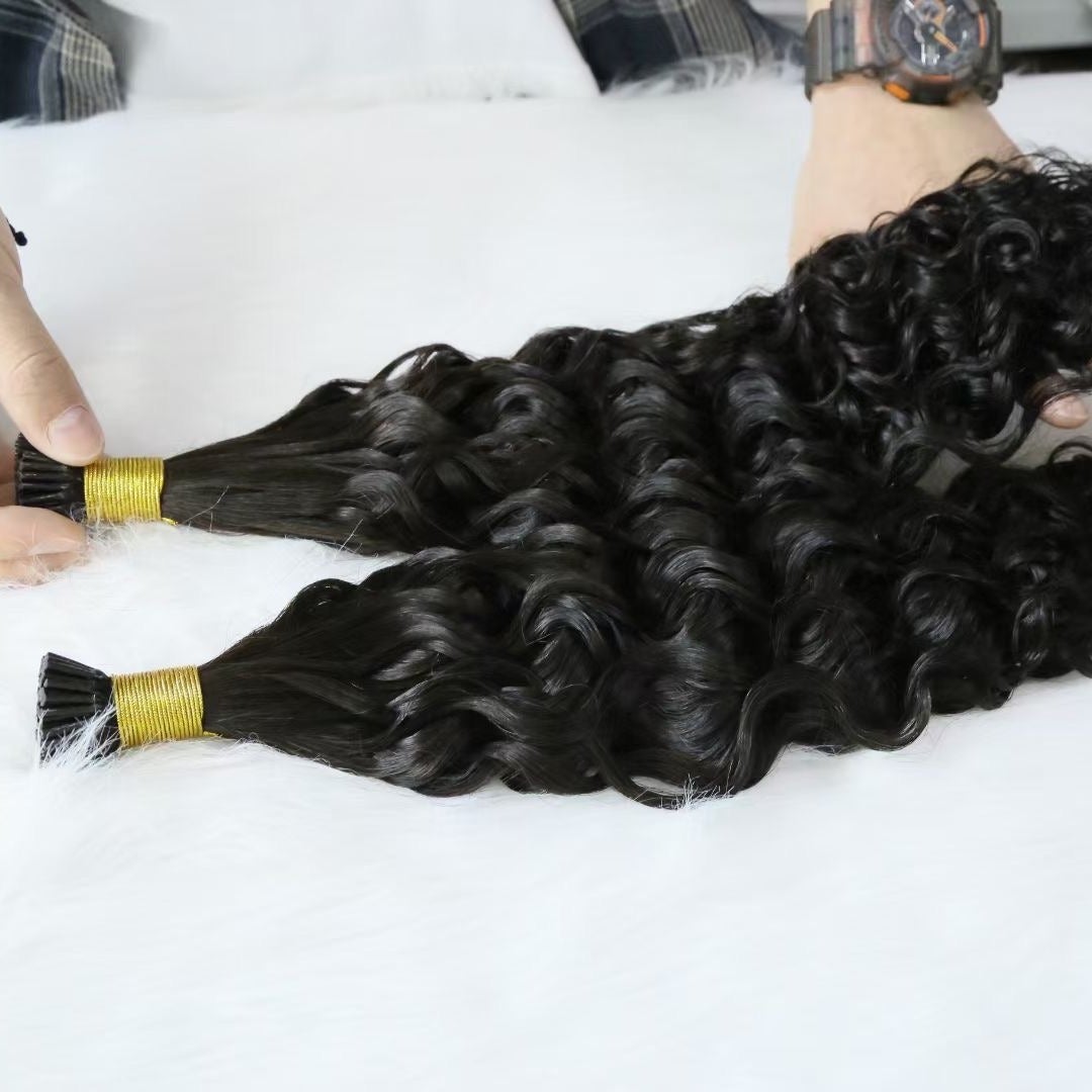 Brazilian Deep Wave Human Hair i Tip Microlinks in natural black color, showcasing deep wave texture and bulk braiding options.