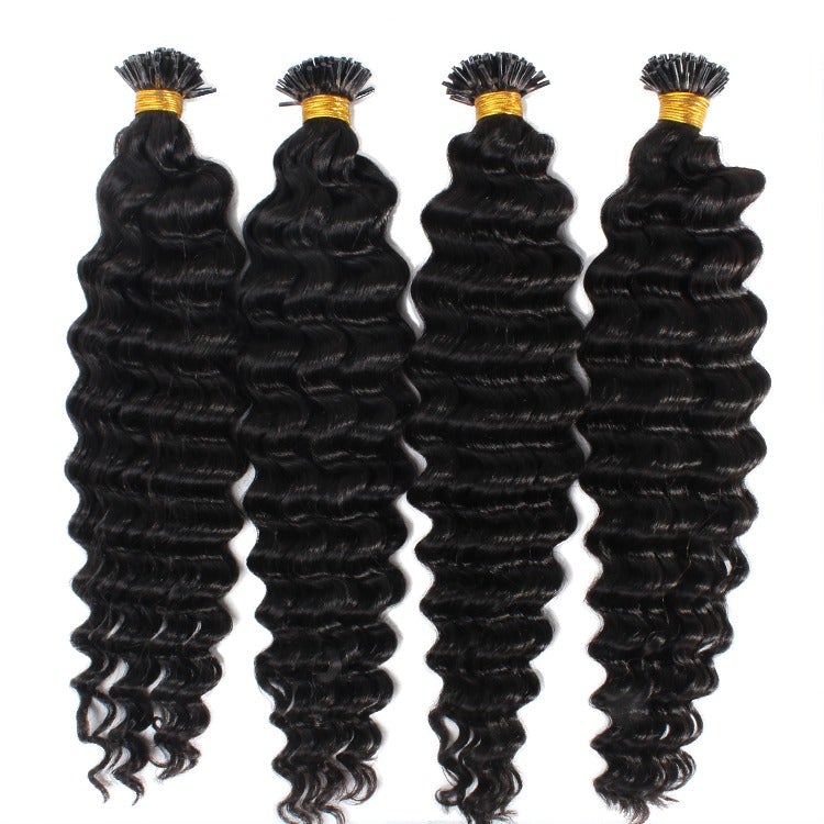 Brazilian Deep Wave Human Hair i Tip Microlinks in natural black color, showcasing deep wave texture and bulk braiding options.