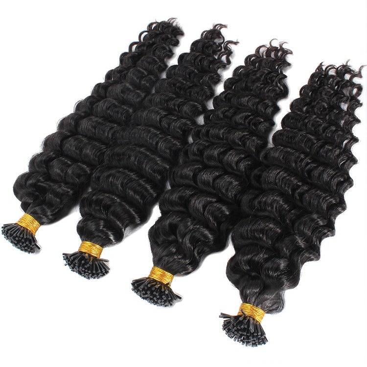 Brazilian Deep Wave Human Hair i Tip Microlinks in natural black color, showcasing deep wave texture and bulk braiding options.