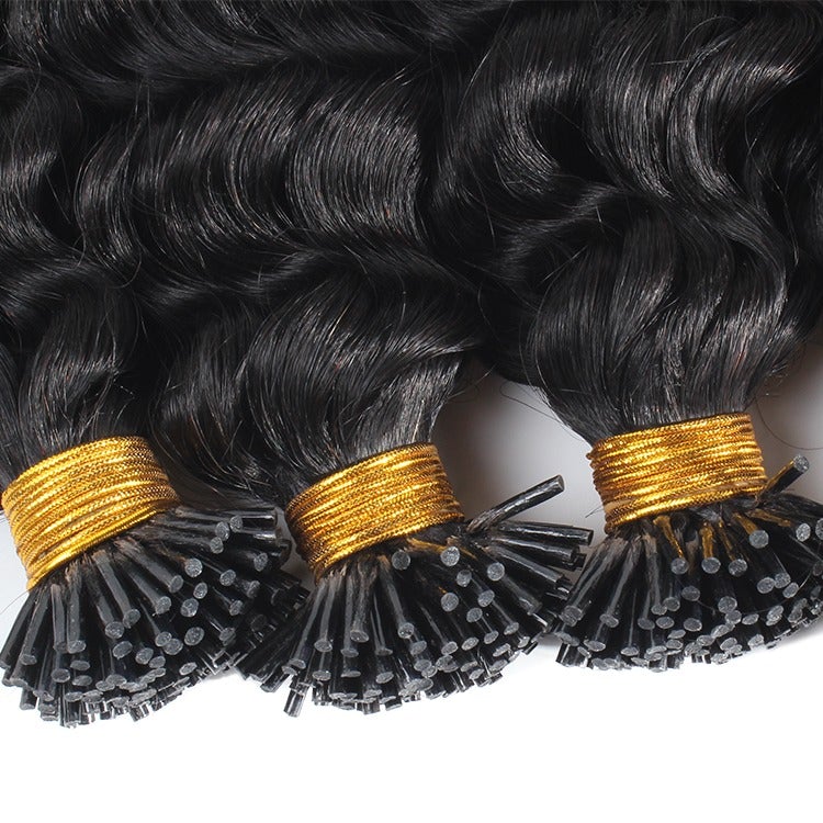 Brazilian Deep Wave Human Hair i Tip Microlinks in natural black color, showcasing deep wave texture and bulk braiding options.