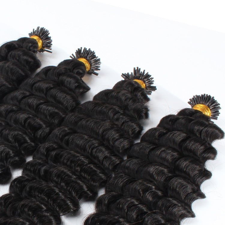 Brazilian Deep Wave Human Hair i Tip Microlinks in natural black color, showcasing deep wave texture and bulk braiding options.