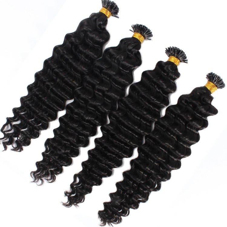 Brazilian Deep Wave Human Hair i Tip Microlinks in natural black color, showcasing deep wave texture and bulk braiding options.