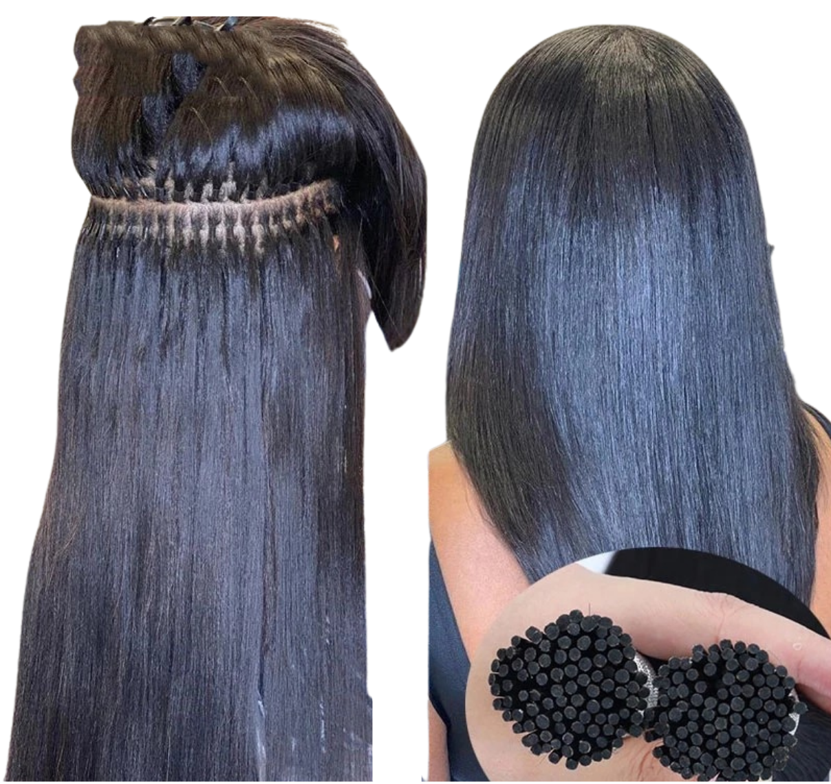 Brazilian Straight Human Hair I Tip Microlinks in natural black color, showcasing its smooth texture and quality for braiding.