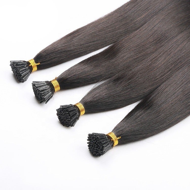 Brazilian Straight Human Hair I Tip Microlinks in natural black color, showcasing its smooth texture and quality for braiding.