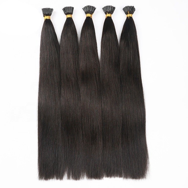 Brazilian Straight Human Hair I Tip Microlinks in natural black color, showcasing its smooth texture and quality for braiding.