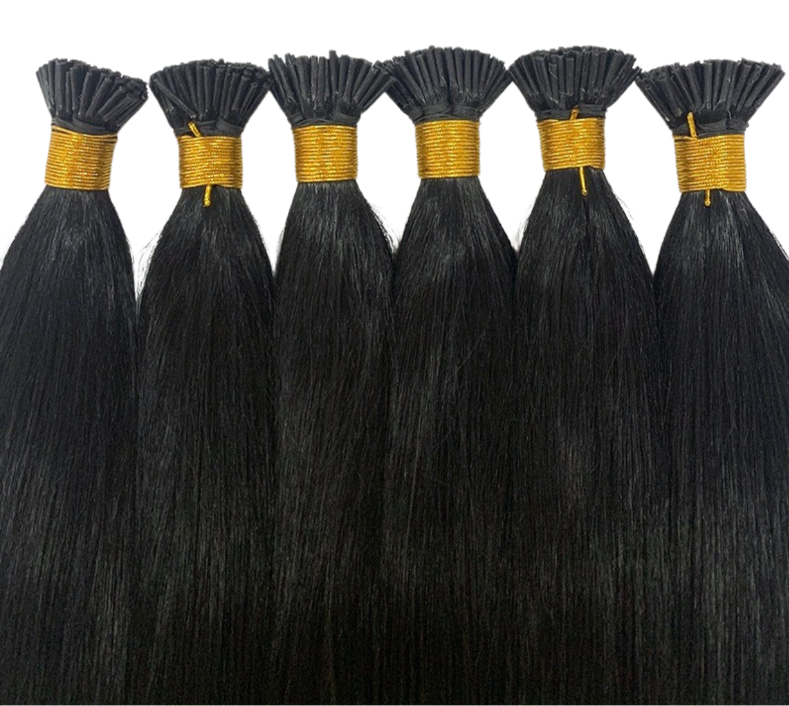 Brazilian Straight Human Hair I Tip Microlinks in natural black color, showcasing its smooth texture and quality for braiding.