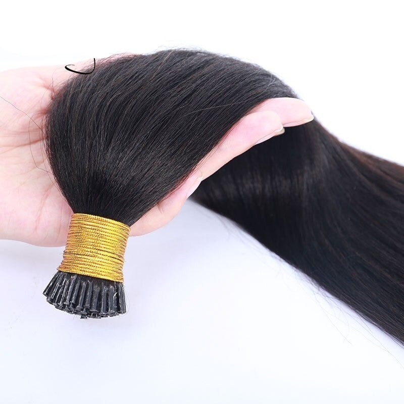 Brazilian Straight Human Hair I Tip Microlinks in natural black color, showcasing its smooth texture and quality for braiding.