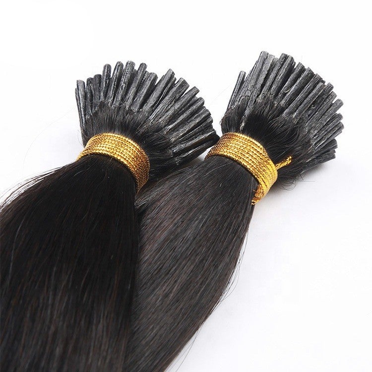 Brazilian Straight Human Hair I Tip Microlinks in natural black color, showcasing its smooth texture and quality for braiding.