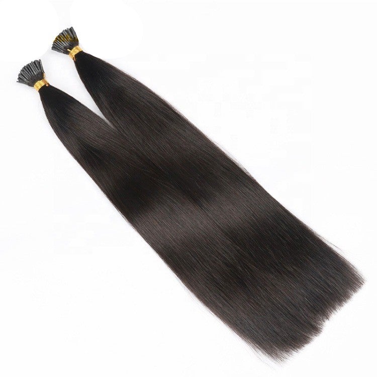 Brazilian Straight Human Hair I Tip Microlinks in natural black color, showcasing its smooth texture and quality for braiding.