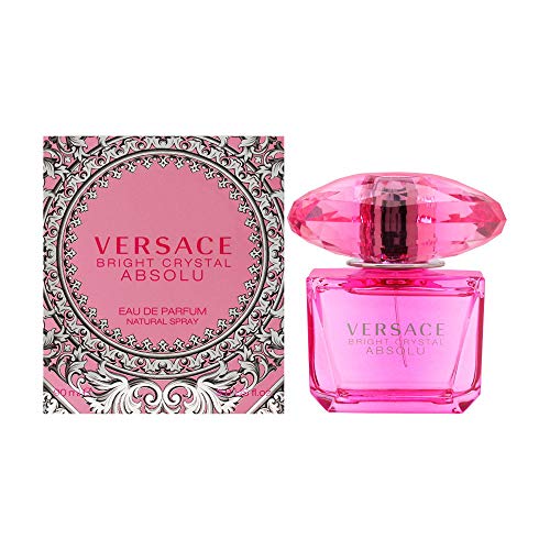 Bright Crystal Absolu Eau de Parfum by Versace in an elegant crystal bottle with a pink hue.