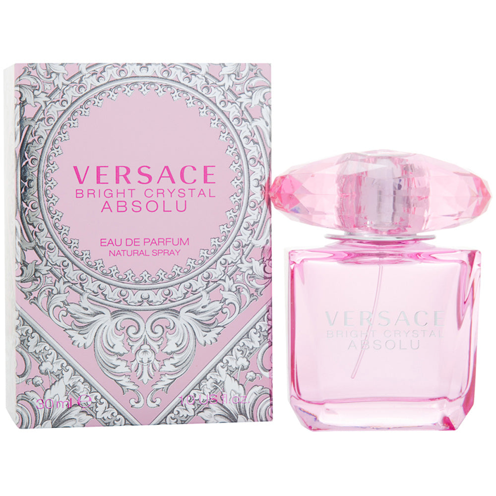 Bright Crystal Absolu Eau de Parfum by Versace in an elegant crystal bottle with a pink hue.