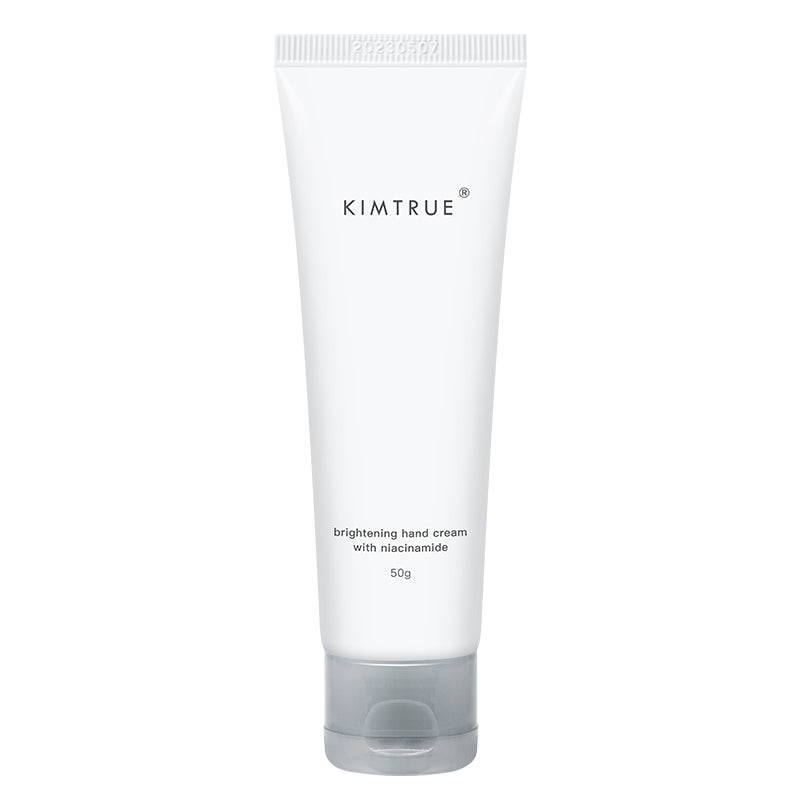 Brightening Hand Cream with Niacinamide in a plastic tube, showcasing its rich texture and hydrating properties.