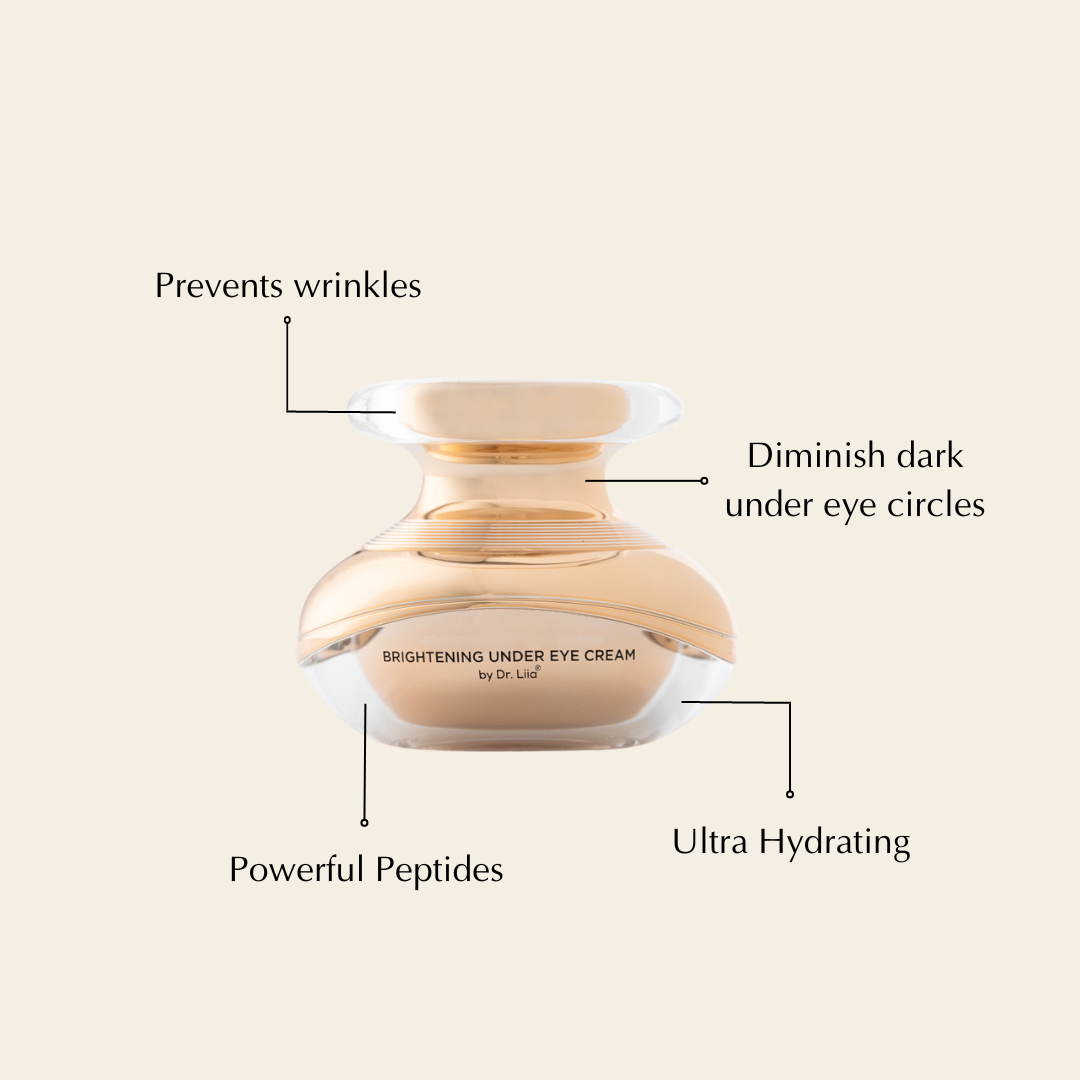 Brightening Under Eye Cream with Active Peptides in a sleek container, showcasing its rich texture and hydrating properties.