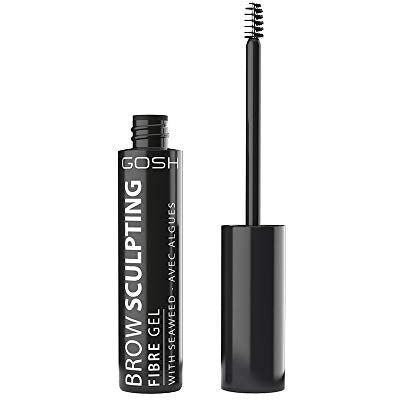 GOSH Brow Sculpting Fiber Gel in 001 Nutmeg, showcasing the product's packaging and applicator brush.