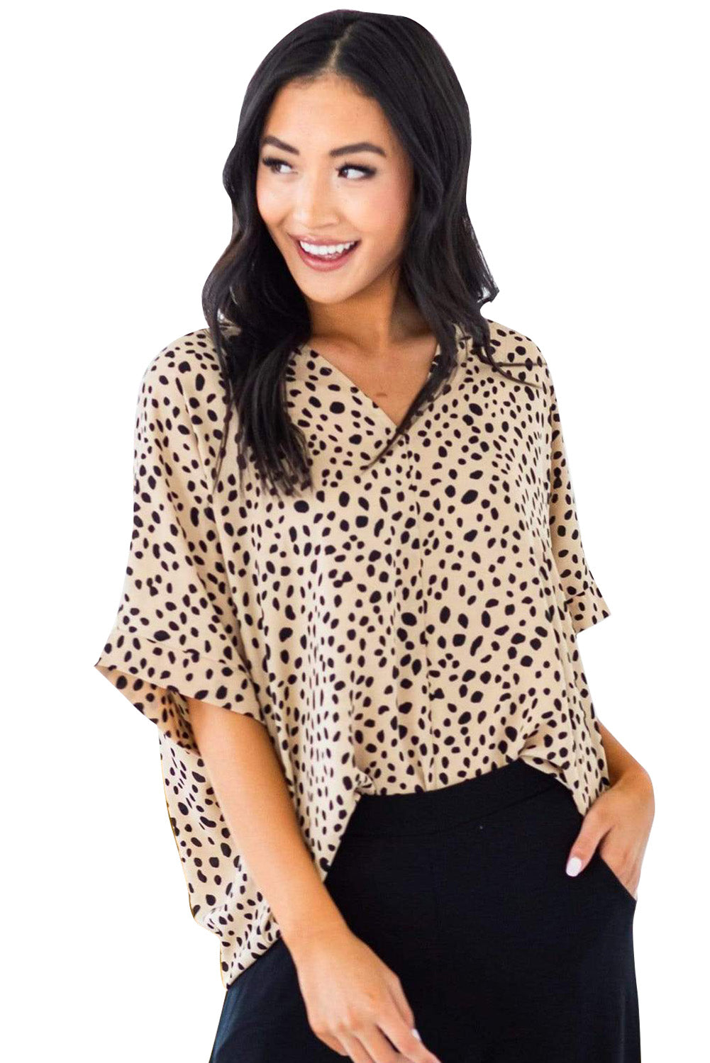 Brown animal print V-neck tunic top with rolled sleeves, showcasing a stylish design and comfortable fit.