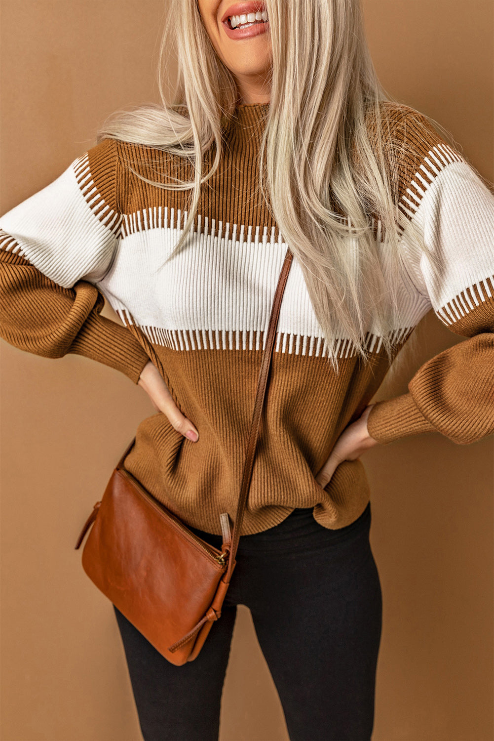 Brown Color Block High Neck Pullover Sweater showcasing a stylish design with ribbed texture and fitted cuffs.