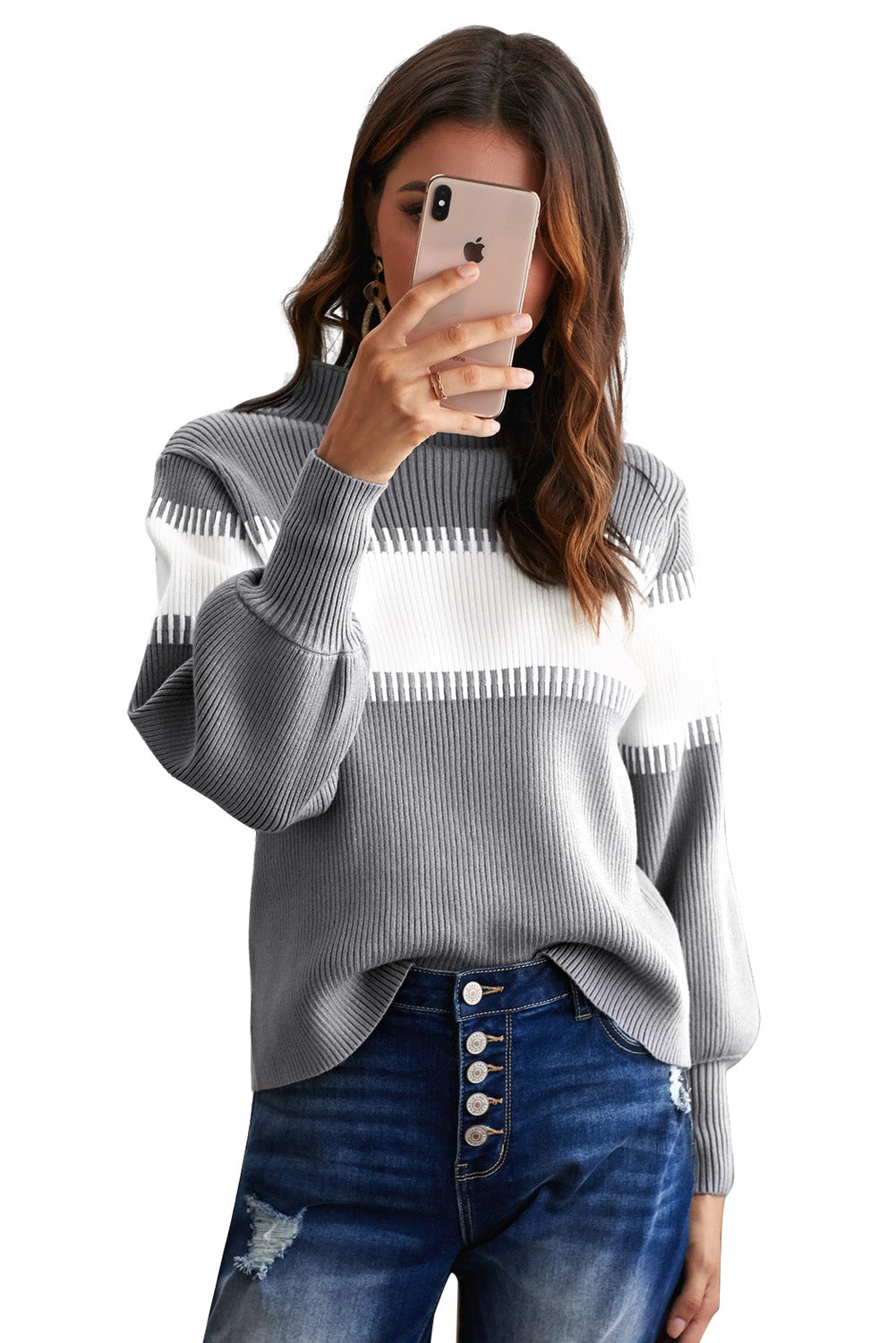 Brown Color Block High Neck Pullover Sweater showcasing a stylish design with ribbed texture and fitted cuffs.