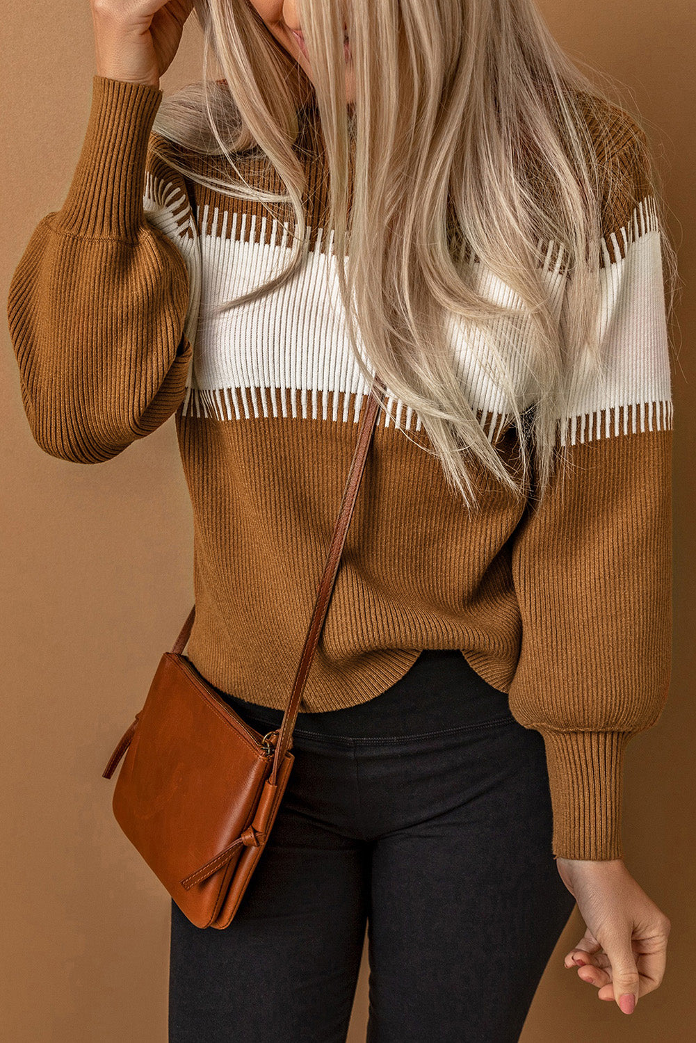 Brown Color Block High Neck Pullover Sweater showcasing a stylish design with ribbed texture and fitted cuffs.