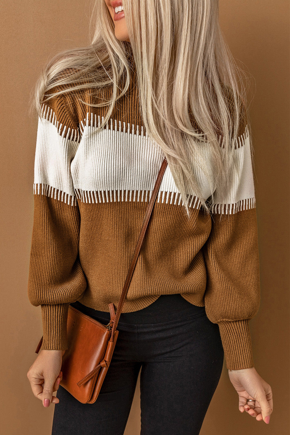 Brown Color Block High Neck Pullover Sweater showcasing a stylish design with ribbed texture and fitted cuffs.