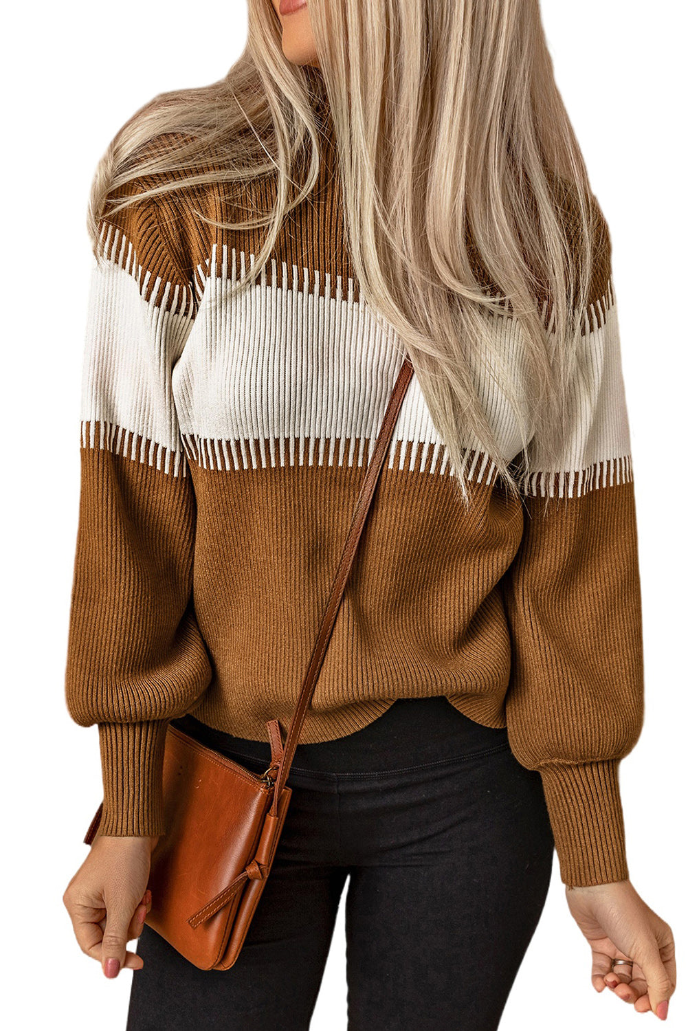 Brown Color Block High Neck Pullover Sweater showcasing a stylish design with ribbed texture and fitted cuffs.