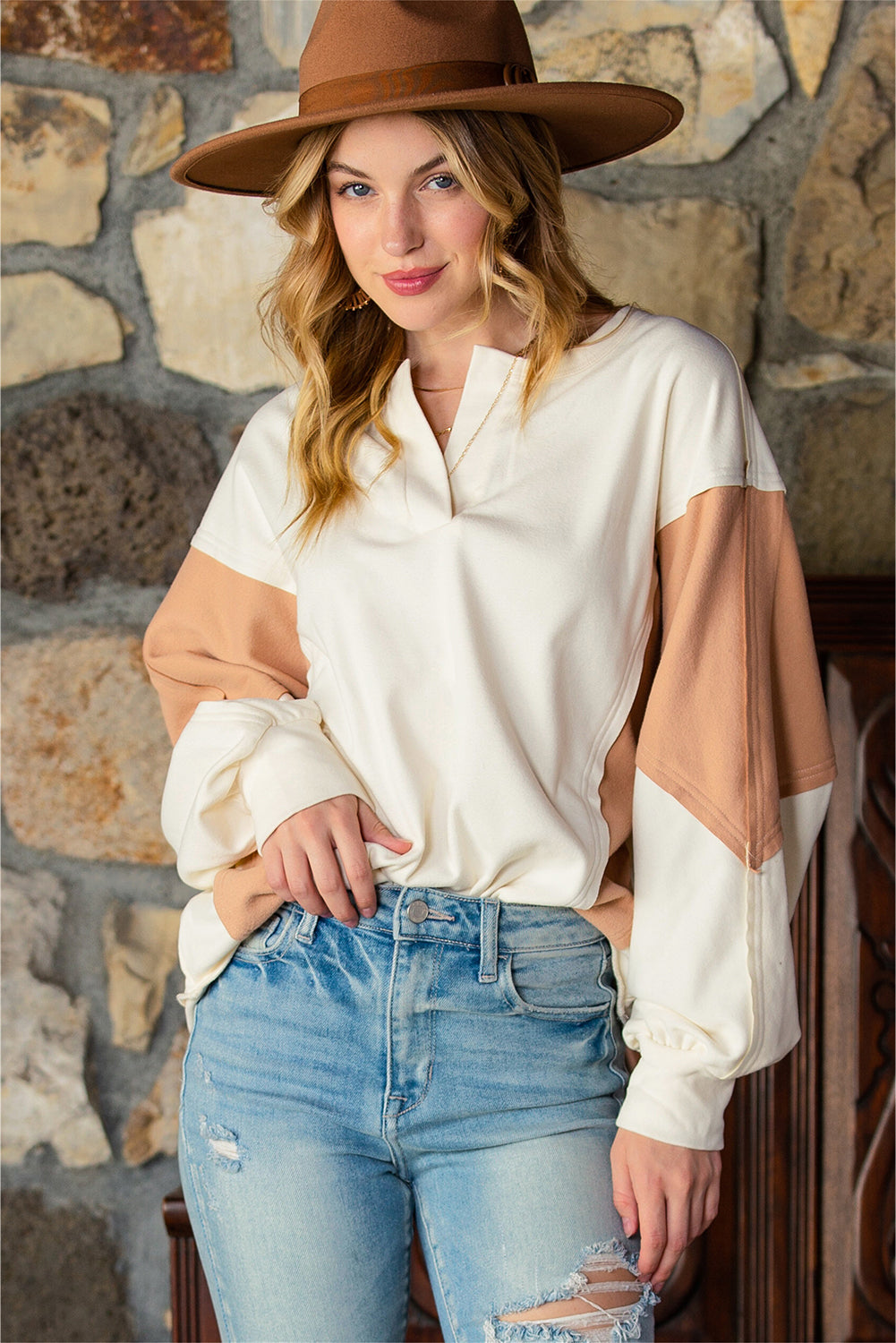 Brown Colorblock Patchwork Split Neck Baggy Top featuring long sleeves and a trendy design.