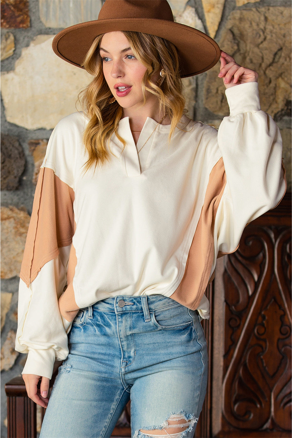 Brown Colorblock Patchwork Split Neck Baggy Top featuring long sleeves and a trendy design.