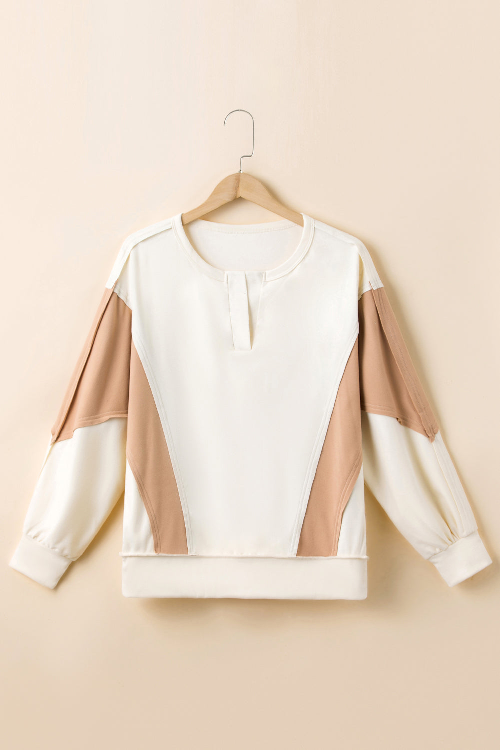 Brown Colorblock Patchwork Split Neck Baggy Top featuring long sleeves and a trendy design.