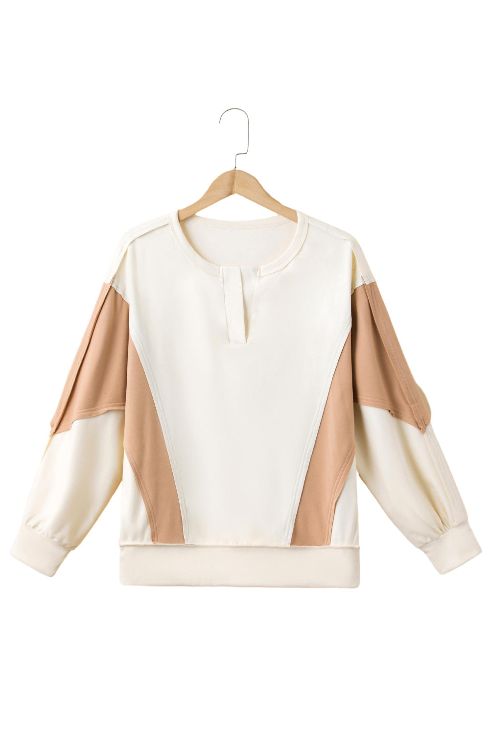 Brown Colorblock Patchwork Split Neck Baggy Top featuring long sleeves and a trendy design.