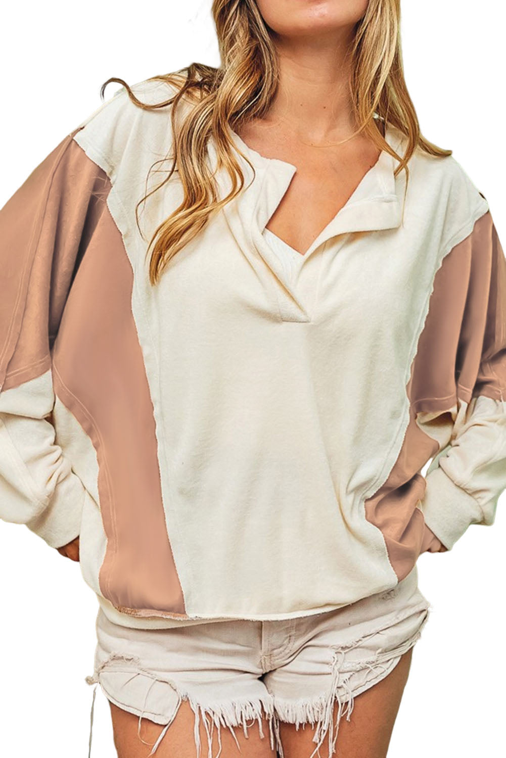 Brown Colorblock Patchwork Split Neck Baggy Top featuring long sleeves and a trendy design.