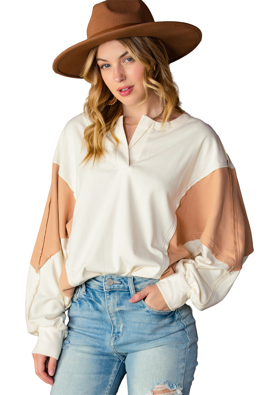 Brown Colorblock Patchwork Split Neck Baggy Top featuring long sleeves and a trendy design.