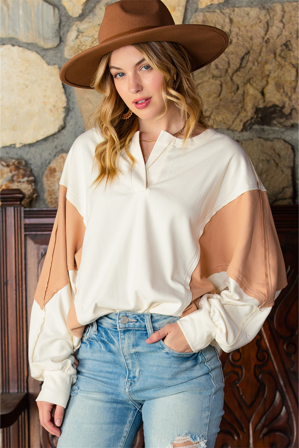 Brown Colorblock Patchwork Split Neck Baggy Top featuring long sleeves and a trendy design.