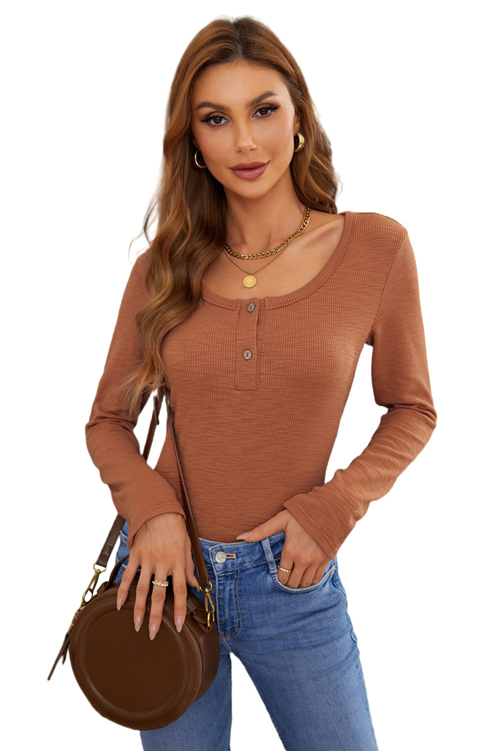 Brown Crewneck Long Sleeve Top with Button Details, showcasing ribbed texture and stylish design.