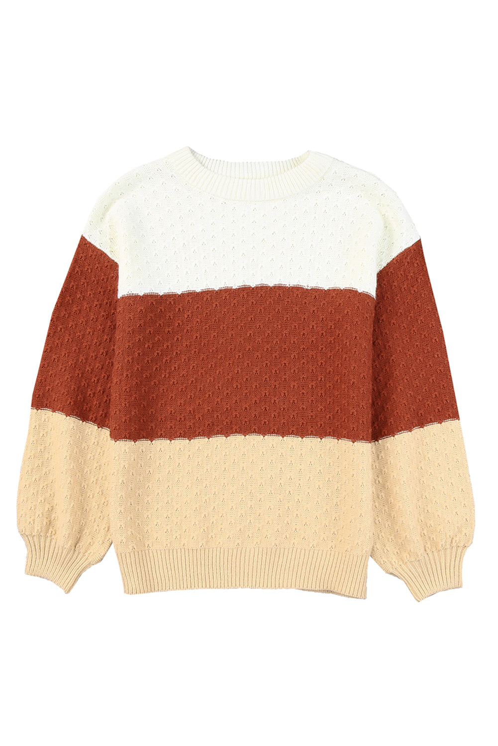 A stylish brown geometric texture colorblock sweater featuring a unique design, perfect for winter wear.