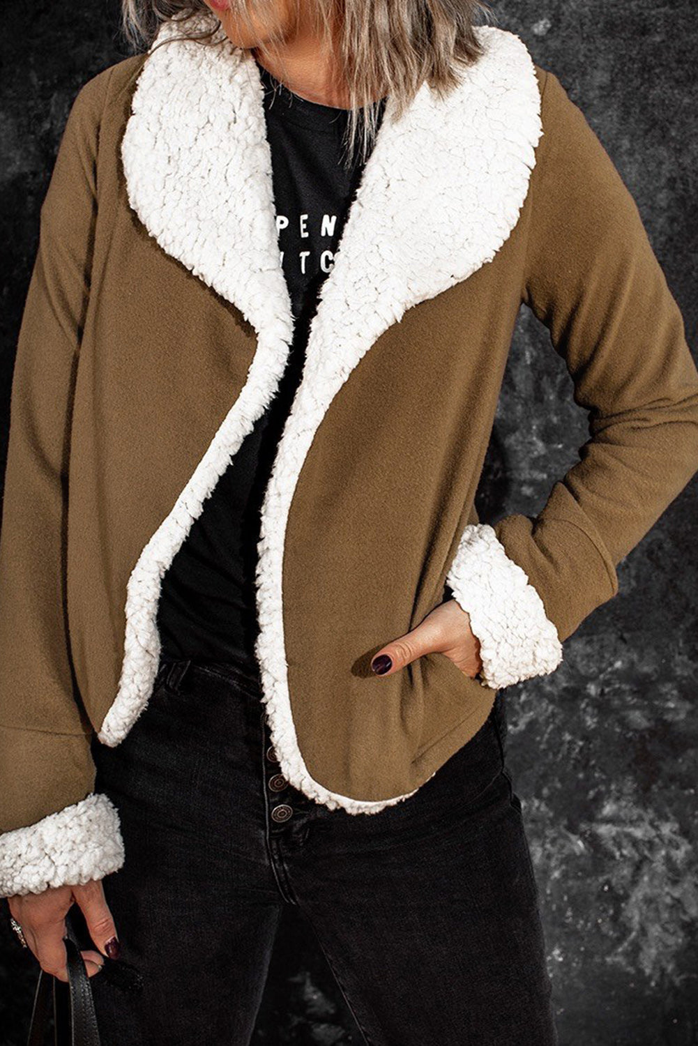 Brown lapel collar fleece open front coat displayed on a mannequin, showcasing its stylish design and warm fleece lining.