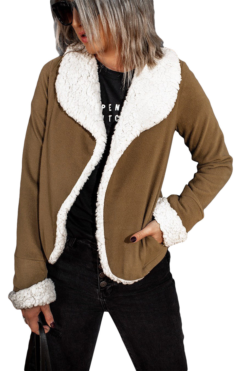 Brown lapel collar fleece open front coat displayed on a mannequin, showcasing its stylish design and warm fleece lining.