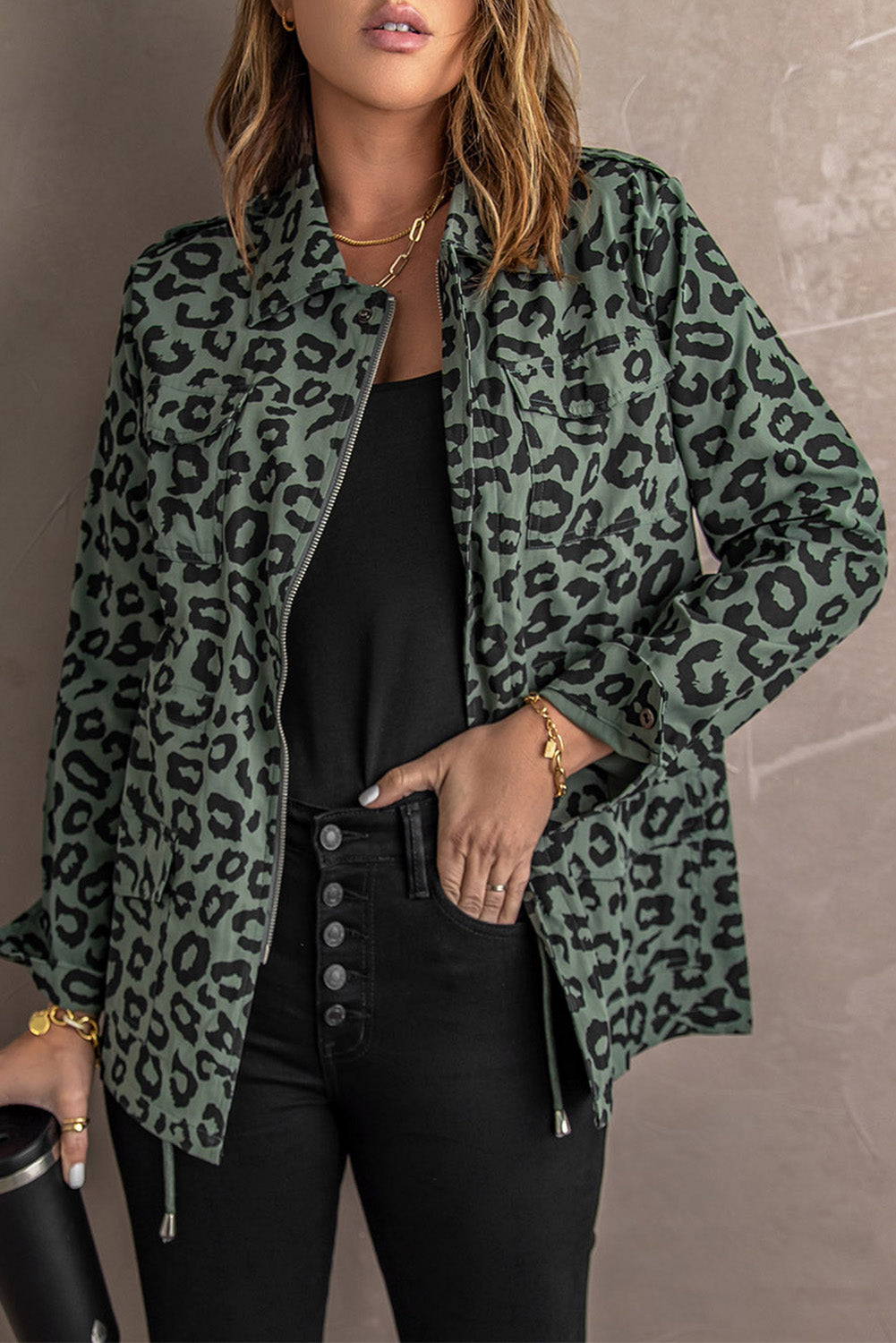 A stylish brown leopard print coat featuring a lapel collar, long sleeves, and a drawstring waist, perfect for fashionable outings.