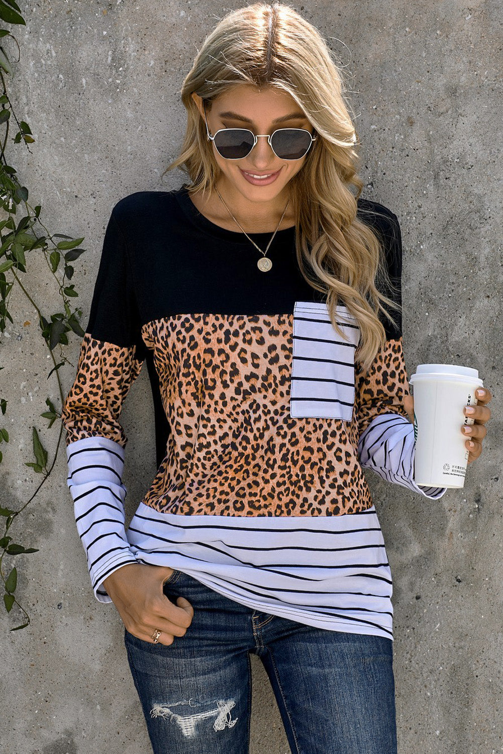 Brown Leopard Striped Patchwork Long Sleeve Top with Pocket, featuring a stylish design and comfortable fit.