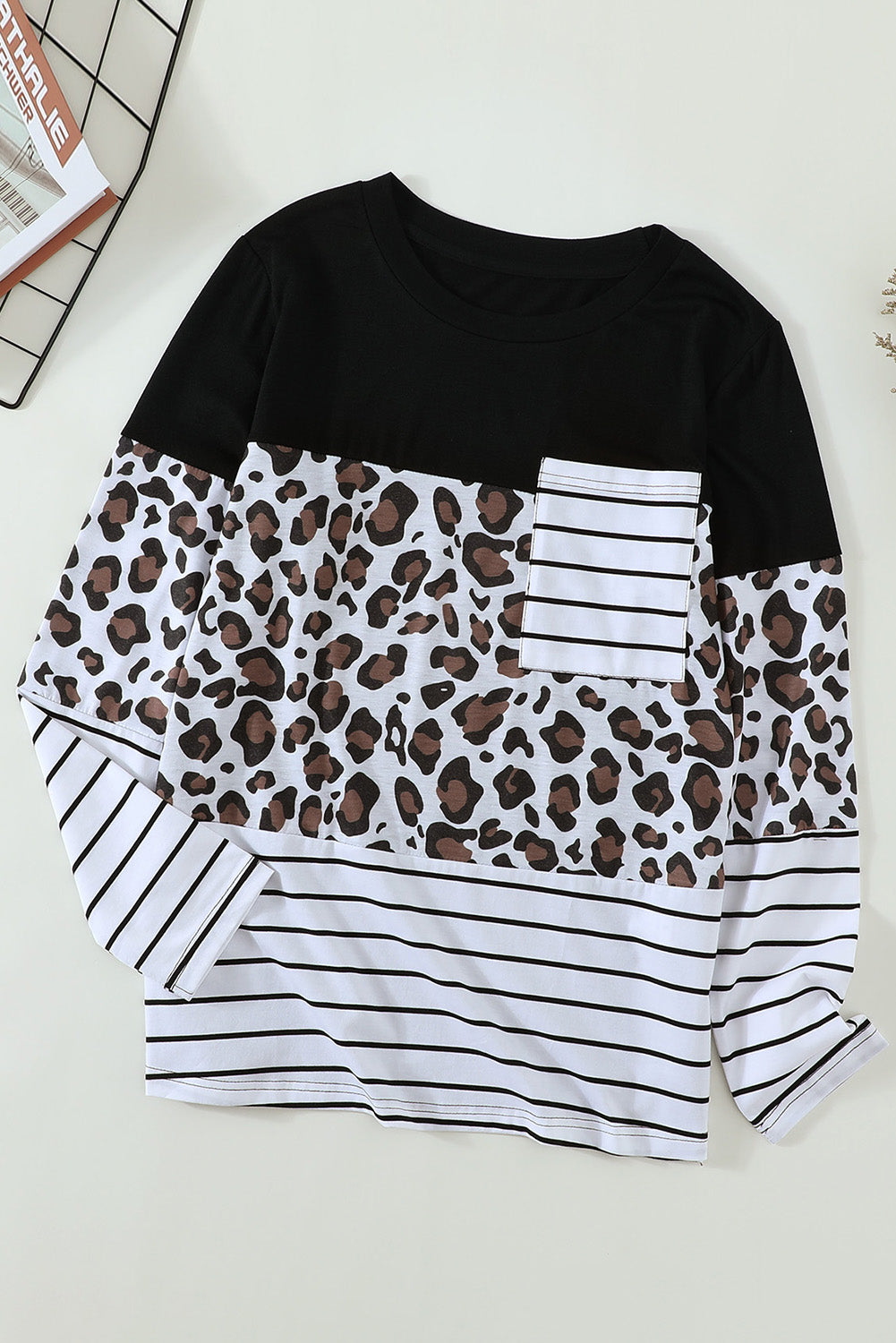 Brown Leopard Striped Patchwork Long Sleeve Top with Pocket, featuring a stylish design and comfortable fit.