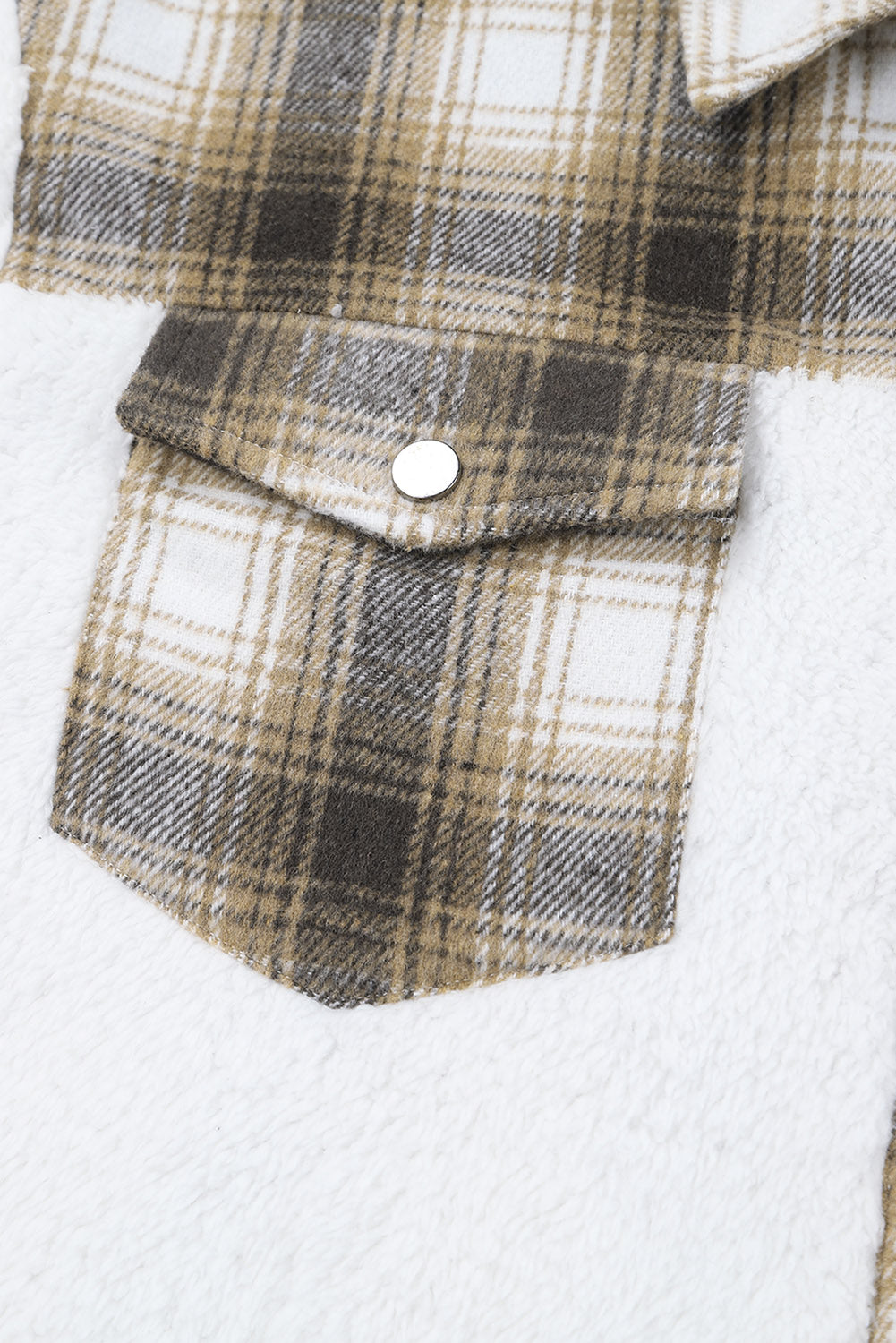 Brown plaid patchwork sherpa jacket with buttoned front and chest pockets, perfect for cold weather.