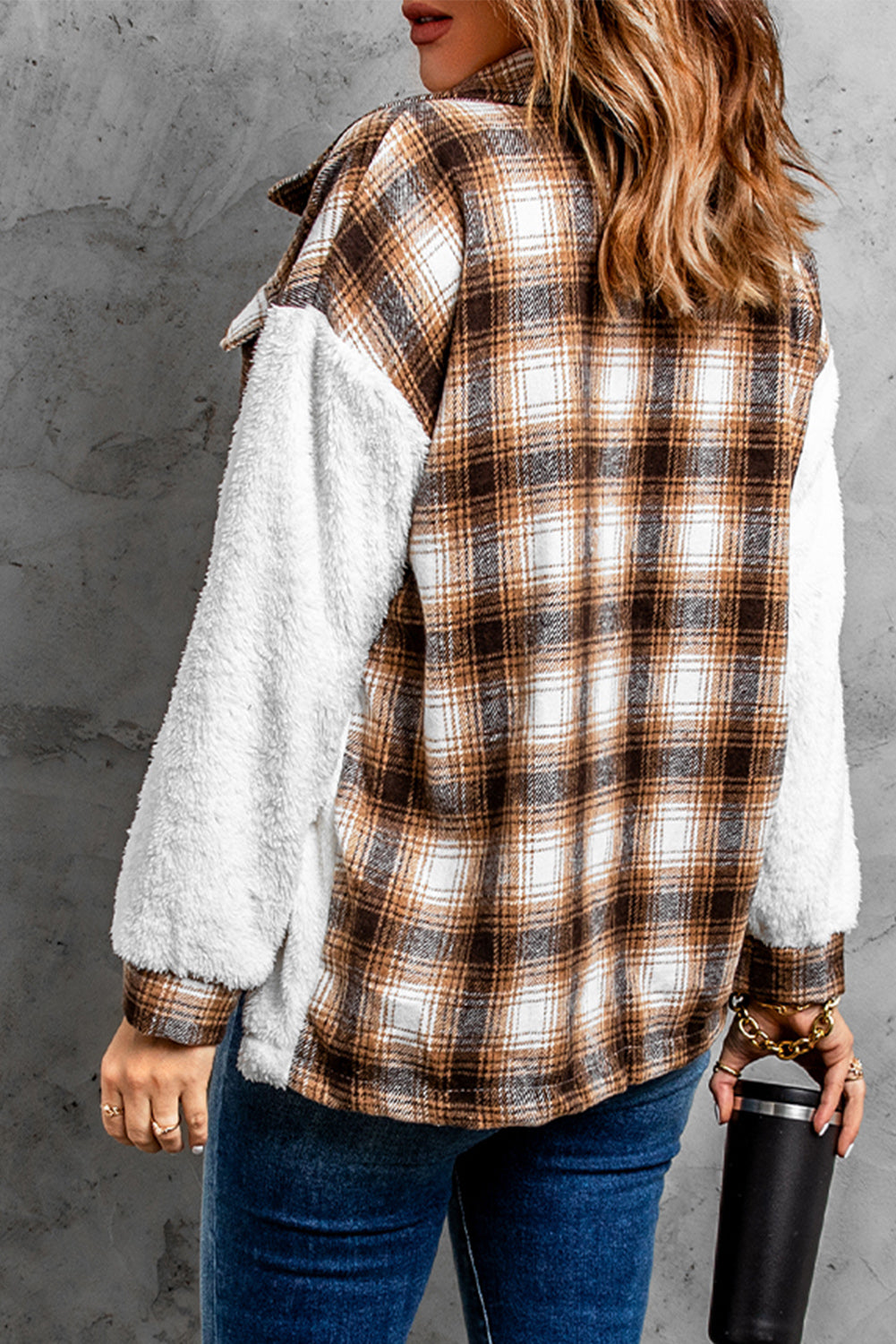 Brown plaid patchwork sherpa jacket with buttoned front and chest pockets, perfect for cold weather.