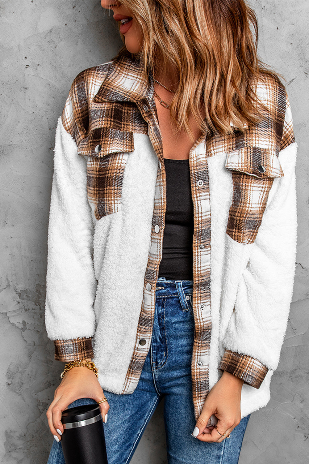 Brown plaid patchwork sherpa jacket with buttoned front and chest pockets, perfect for cold weather.