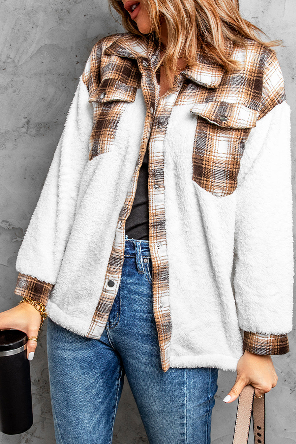 Brown plaid patchwork sherpa jacket with buttoned front and chest pockets, perfect for cold weather.